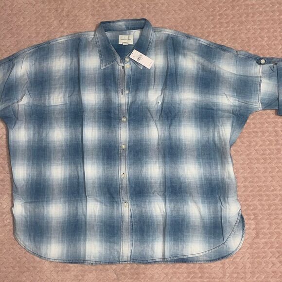 American Eagle Womens Blue Plaid Button Front Top - Picture 1 of 5